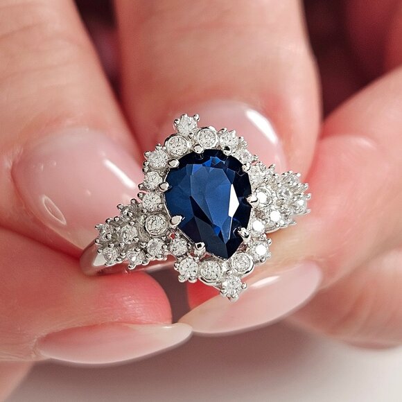 Pear Blue Sapphire Gemstone Ring - 925 Sterling Silver Vintage Charmed Aroma - Picture 2 of 4